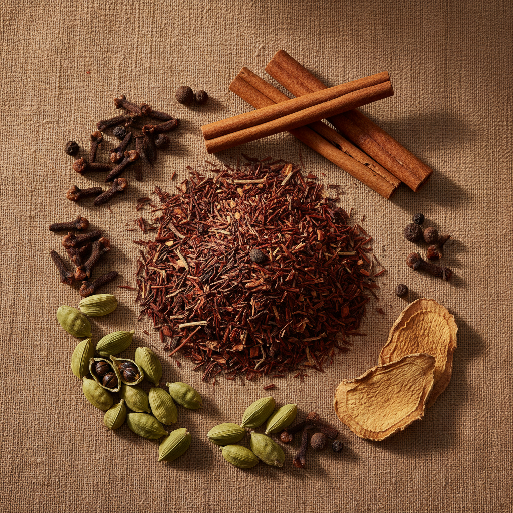 Flat-lay of dandelion red chai herbal tea with rooibos, cinnamon sticks, cardamom, cloves and dried ginger on linen