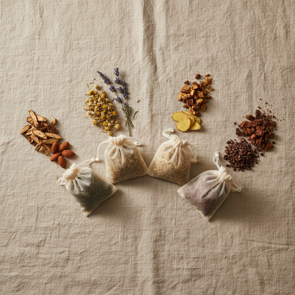 Flat-lay of four classic roasted herbal tea bags with roasted chicory, almonds and dried herbs on warm linen