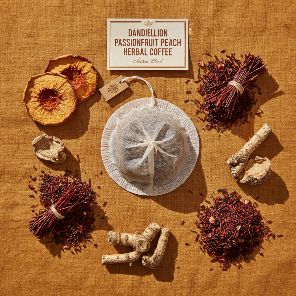 Flat-lay of dandelion passionfruit peach herbal coffee with dried peach slices, passionfruit seeds, red rooibos and dandelion root on warm linen