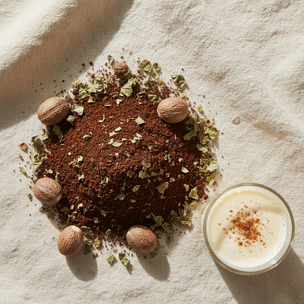 Flat-lay of holiday eggnog herbal coffee with whole nutmeg, blackberry leaves and a glass of eggnog on warm linen