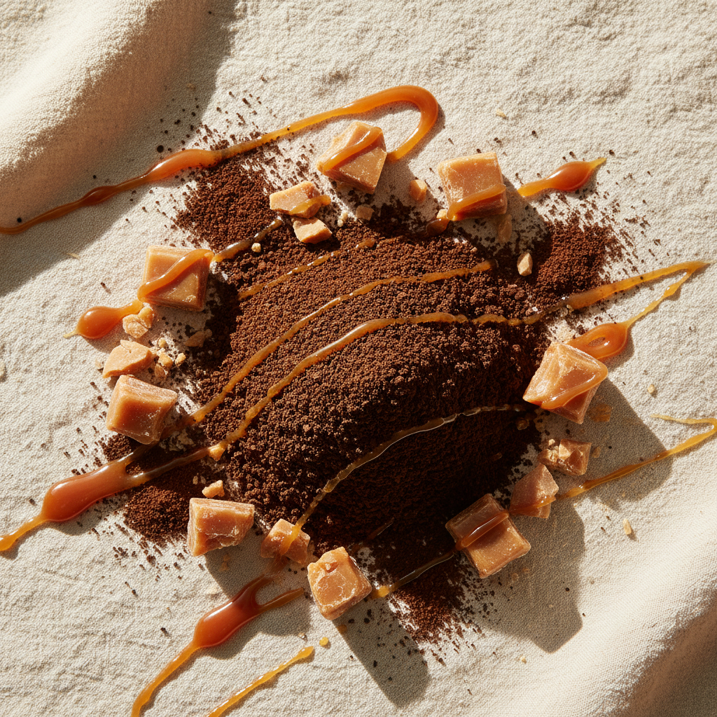 Flat-lay of English toffee herbal coffee grounds with toffee candy, cacao powder and caramel drizzle on warm linen