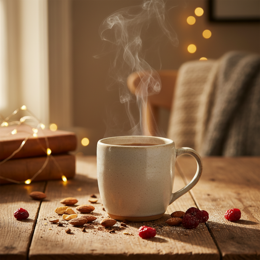 Steaming mug of almond amaretto chicory herbal coffee with whole almonds and dried cherries on a rustic wooden table
