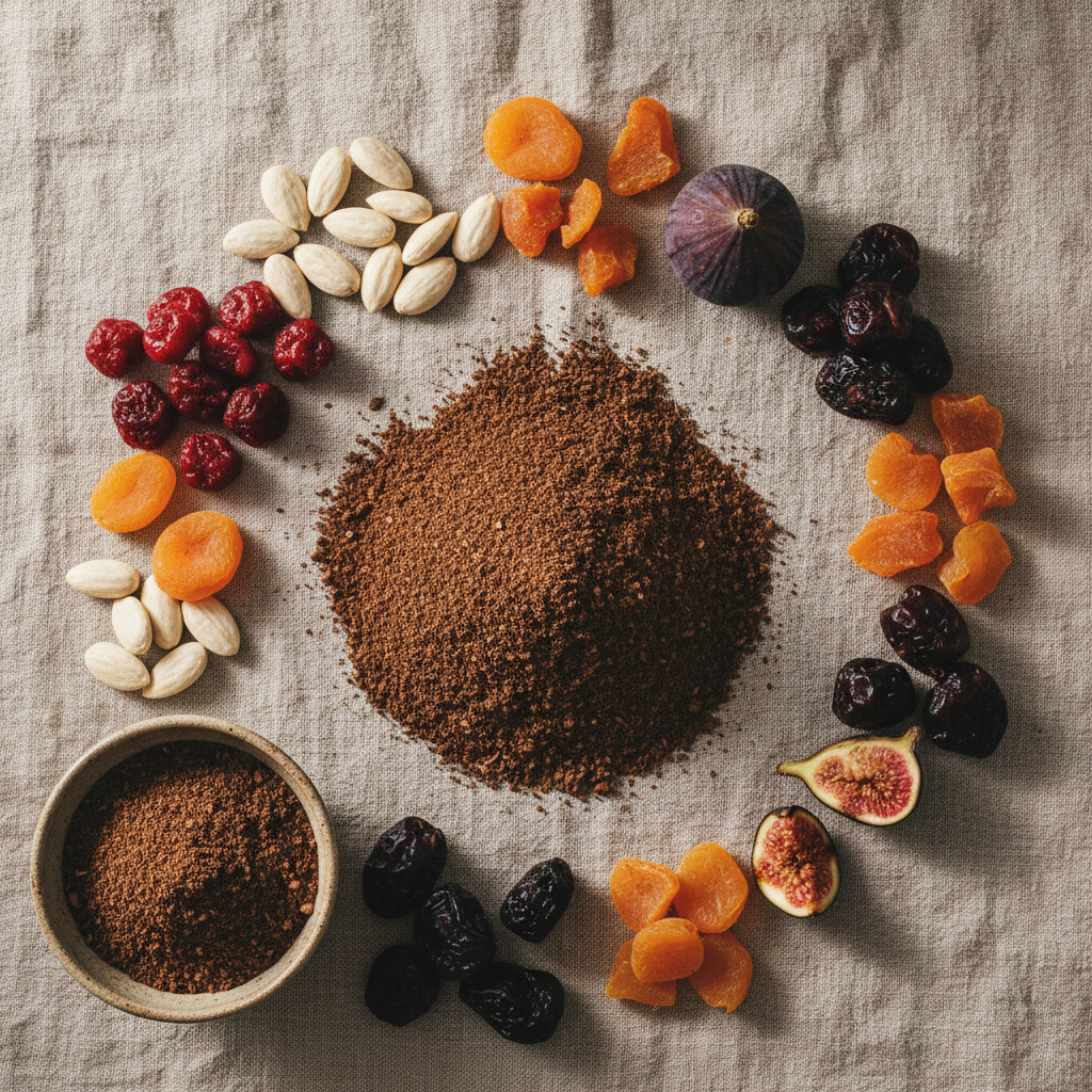 Flat-lay of almond amaretto chicory herbal coffee with almonds, dried cherries, apricot, dates and figs on linen
