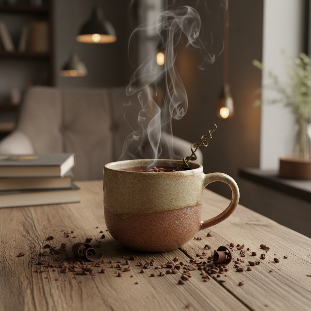 Steaming mug of dark chocolate herbal tea with Ecuadorian cacao nibs and dark chocolate shavings on a rustic wooden table