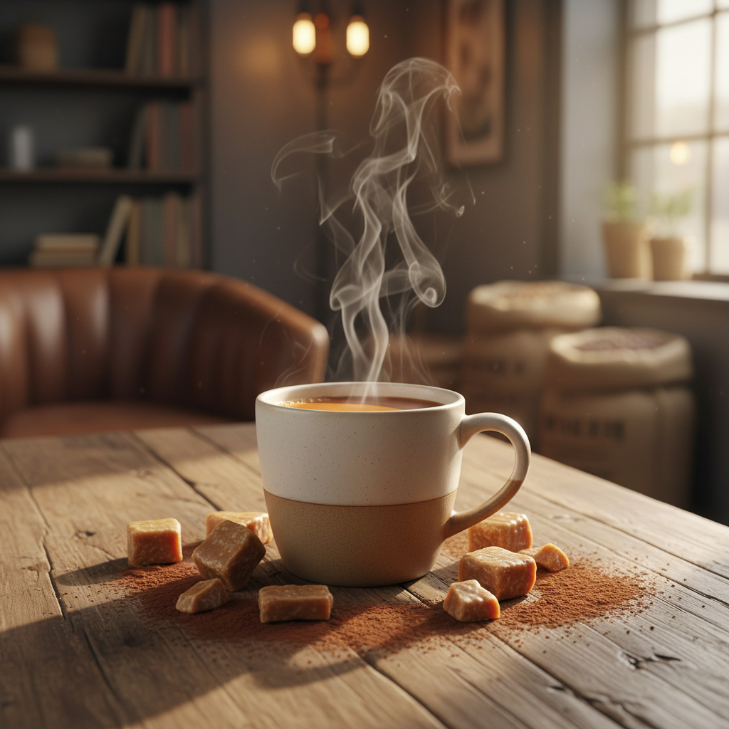 Steaming mug of English toffee herbal coffee with toffee pieces and cacao dusting on a rustic wooden table