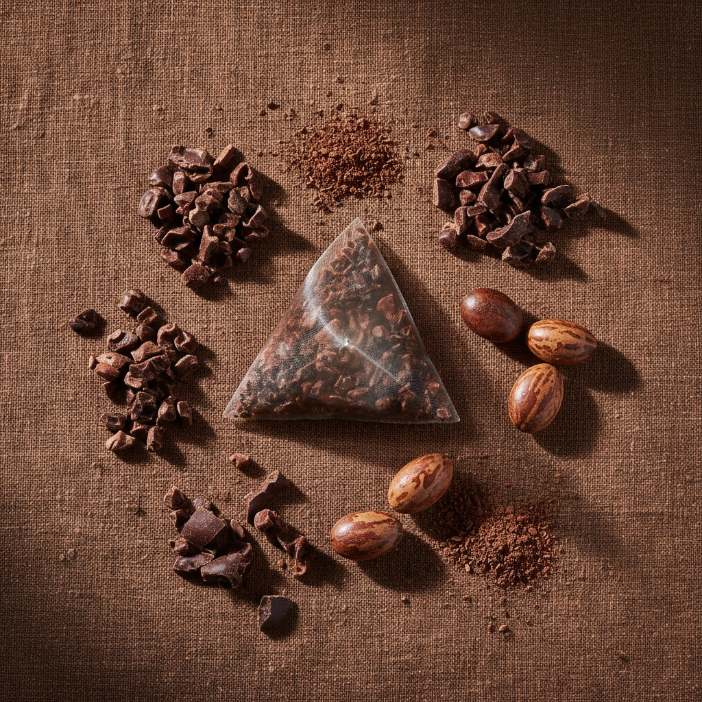 Flat-lay of dark chocolate prebiotic herbal tea bag with Ecuadorian cacao nibs, dark chocolate shavings and roasted ramón seeds on dark warm linen