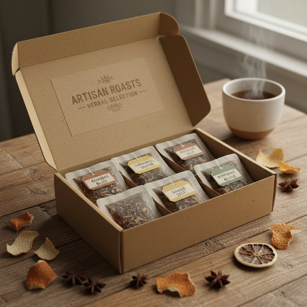 Open sampler box of classic roasted herbal teas with four tea bags arranged neatly inside on a rustic wooden table
