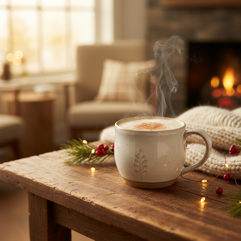 Steaming mug of holiday eggnog herbal coffee with nutmeg sprinkled on top on a rustic wooden table