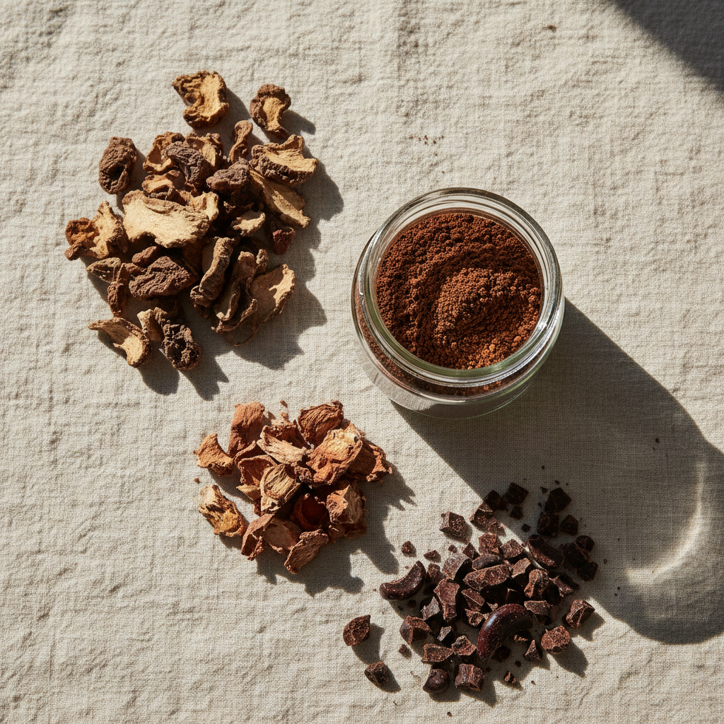 Flat-lay of instant dandelion herbal coffee with open jar of dark powder, dried dandelion root, roasted chicory and carob pieces on warm linen