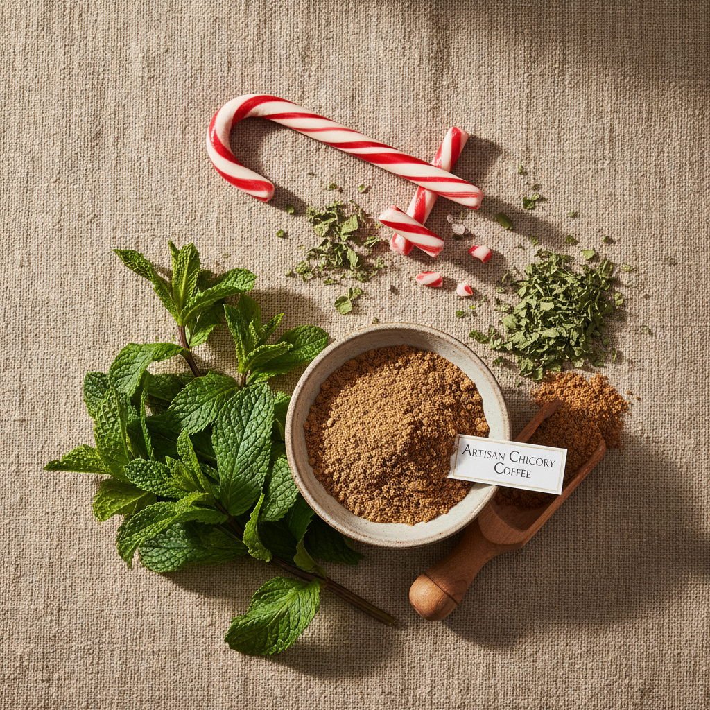 Flat-lay of candy cane chicory herbal coffee with peppermint leaves, a candy cane and dried peppermint on linen