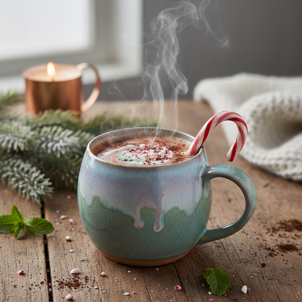 Steaming mug of candy cane chicory herbal coffee with a candy cane on the rim on a rustic wooden table