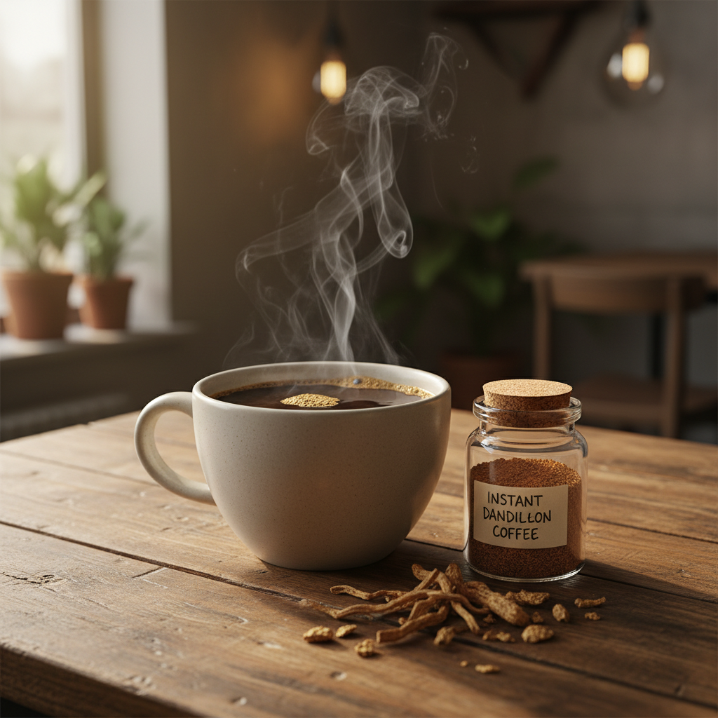 Steaming mug of instant dandelion herbal coffee with a jar of instant powder and dried dandelion root on a rustic wooden table